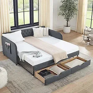 Modern Button Tufted Linen, Daybed with Drawer