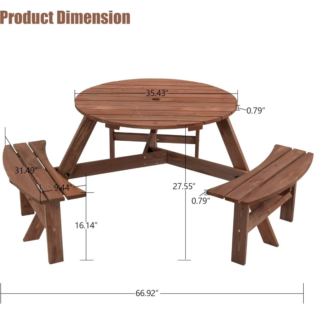 6-Person Outdoor Circular Wooden Picnic Table