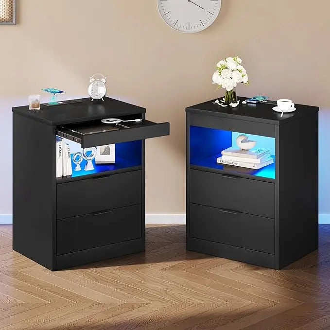 Black Nightstand LED with Wireless Charging Station