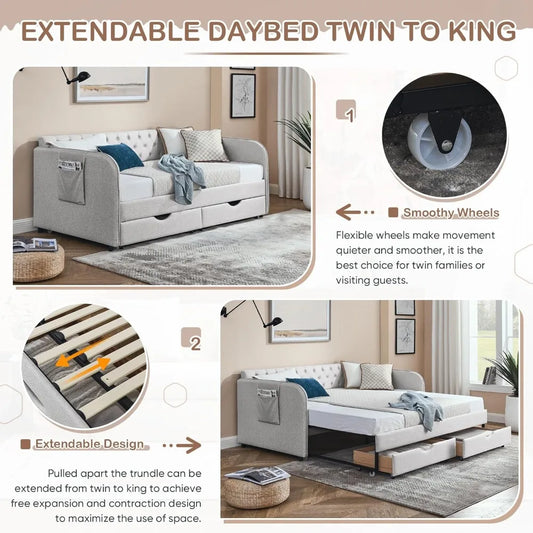 Modern Button Tufted Linen, Daybed with Drawer