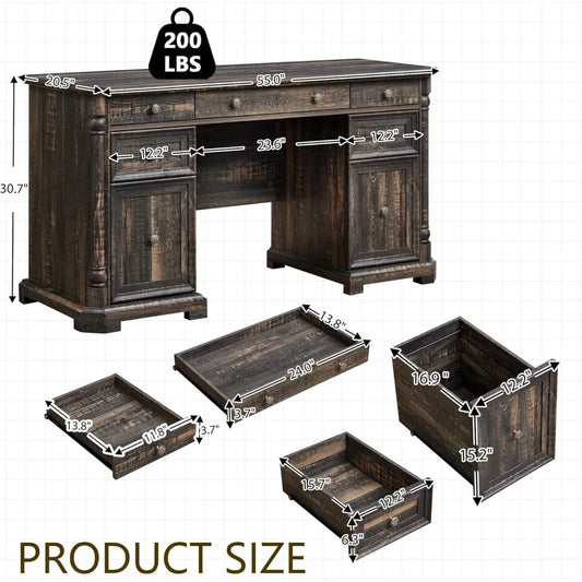 7 Drawers - Farmhouse Home Office Desk with Storage & Power Outlet