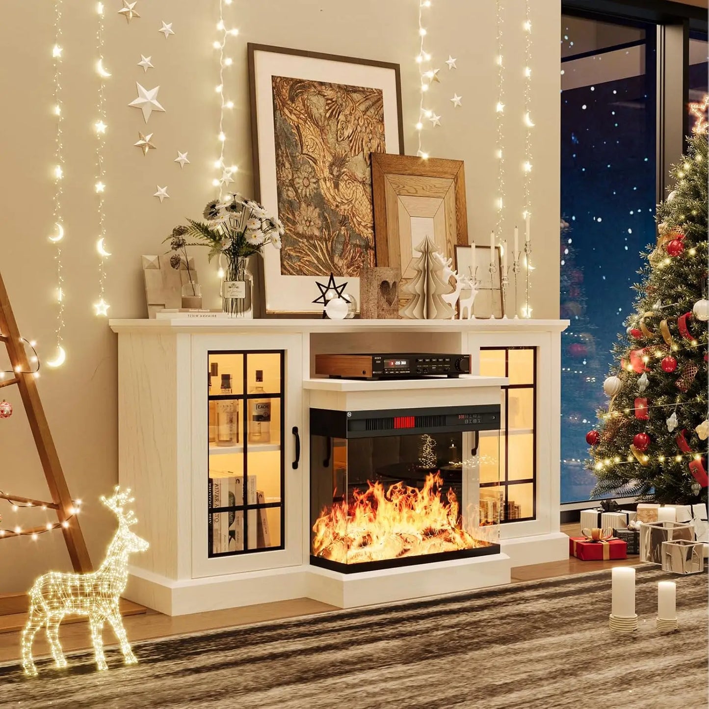 Glass Fireplace TV Stand w/ 3-Sided View - Holds 65" TVs