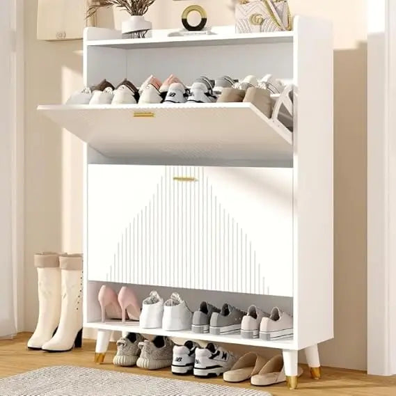 Shoe Cabinet with 2 Flip-Drawers & Coat Hooks