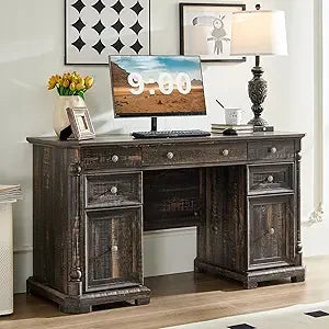 7 Drawers - Farmhouse Home Office Desk with Storage & Power Outlet
