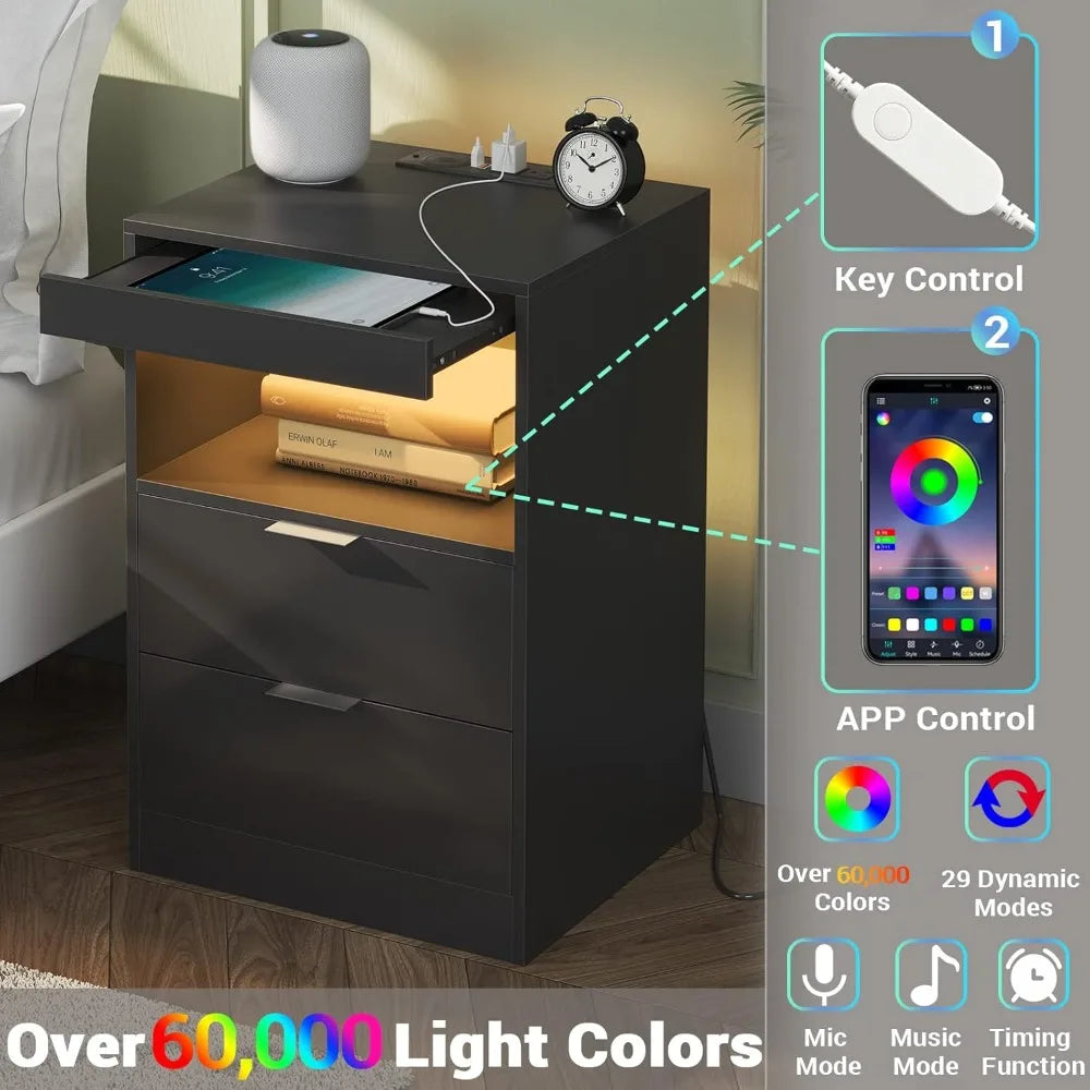 Black Nightstand LED with Wireless Charging Station