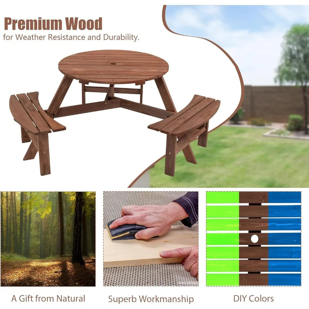 6-Person Outdoor Circular Wooden Picnic Table