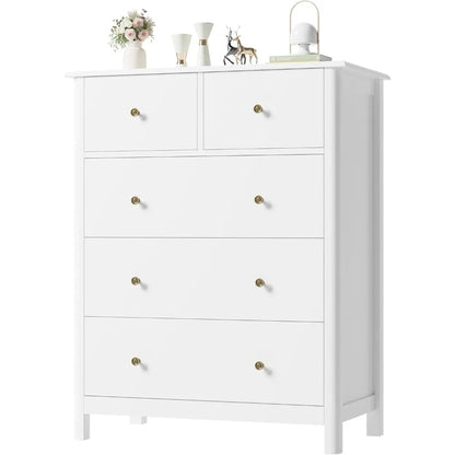 White Dresser with 5 Drawers, Tall Chest