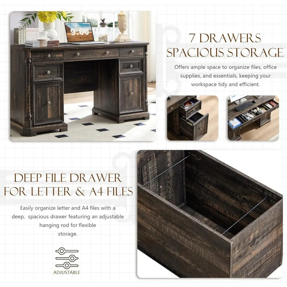 7 Drawers - Farmhouse Home Office Desk with Storage & Power Outlet