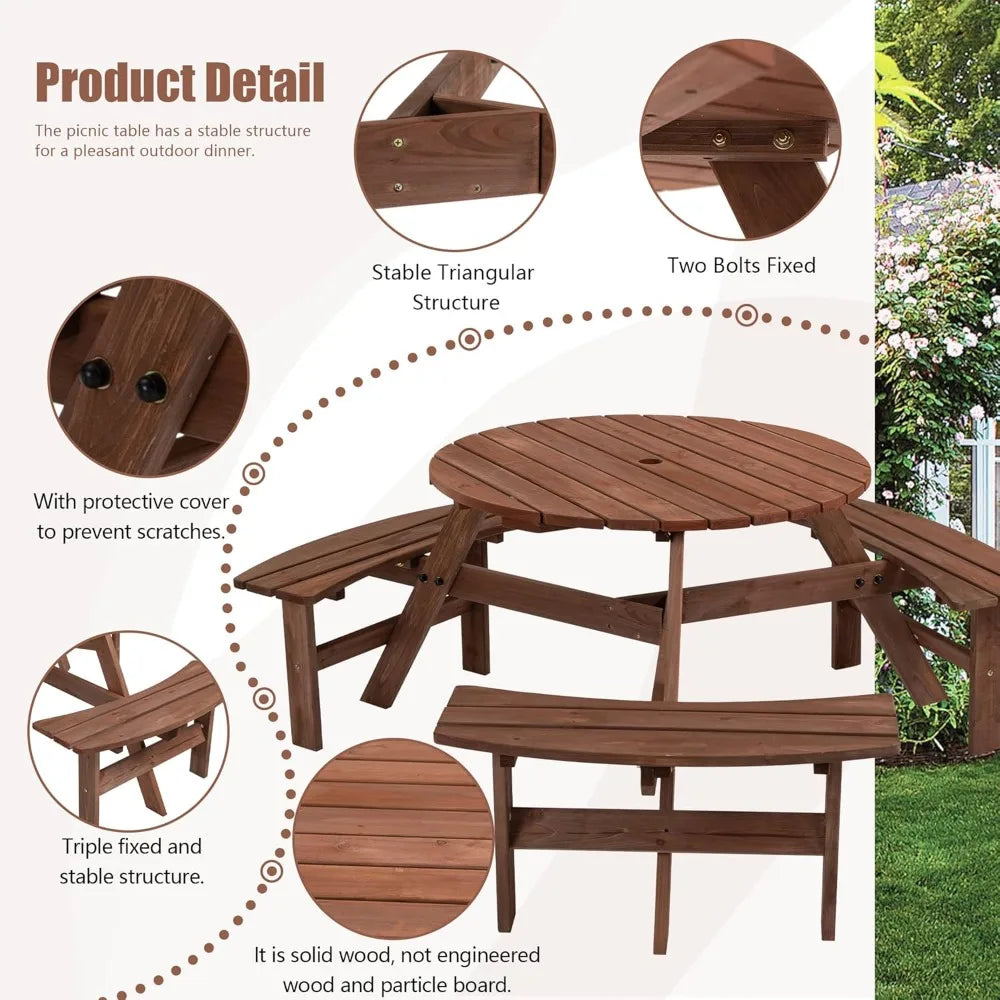 6-Person Outdoor Circular Wooden Picnic Table