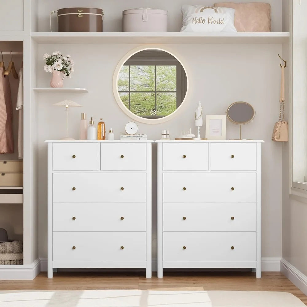 White Dresser with 5 Drawers, Tall Chest