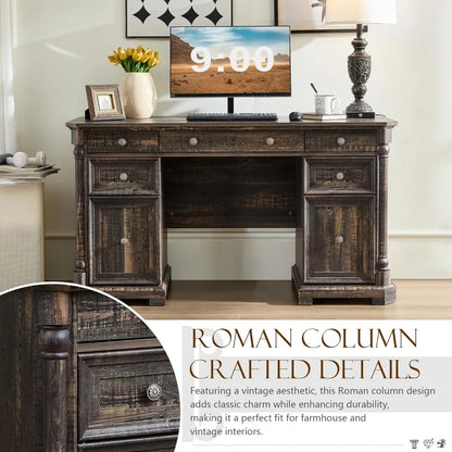 7 Drawers - Farmhouse Home Office Desk with Storage & Power Outlet