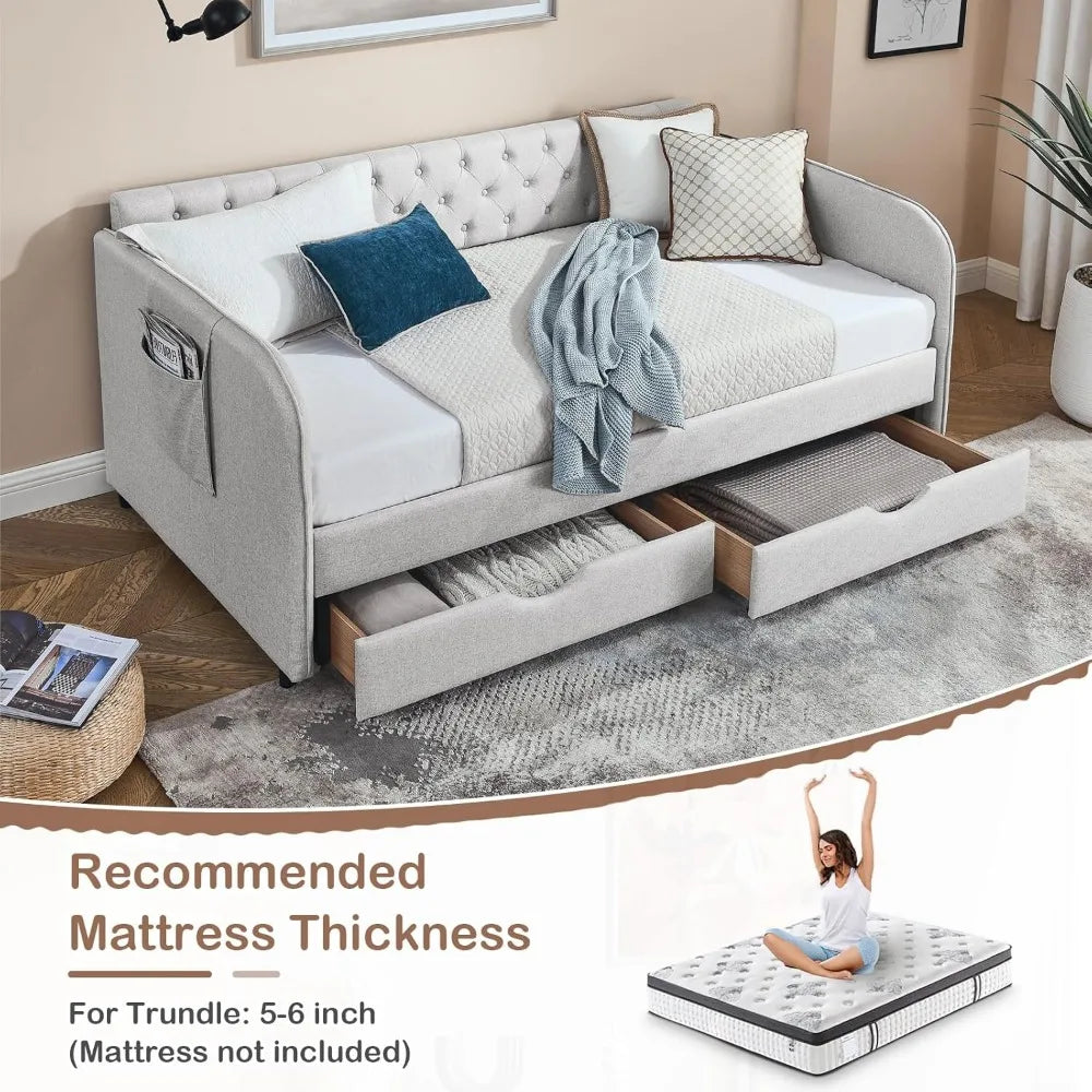 Modern Button Tufted Linen, Daybed with Drawer