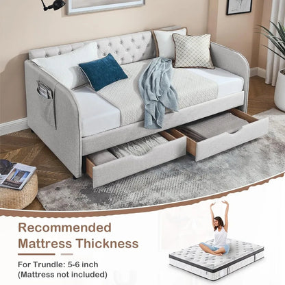 Modern Button Tufted Linen, Daybed with Drawer