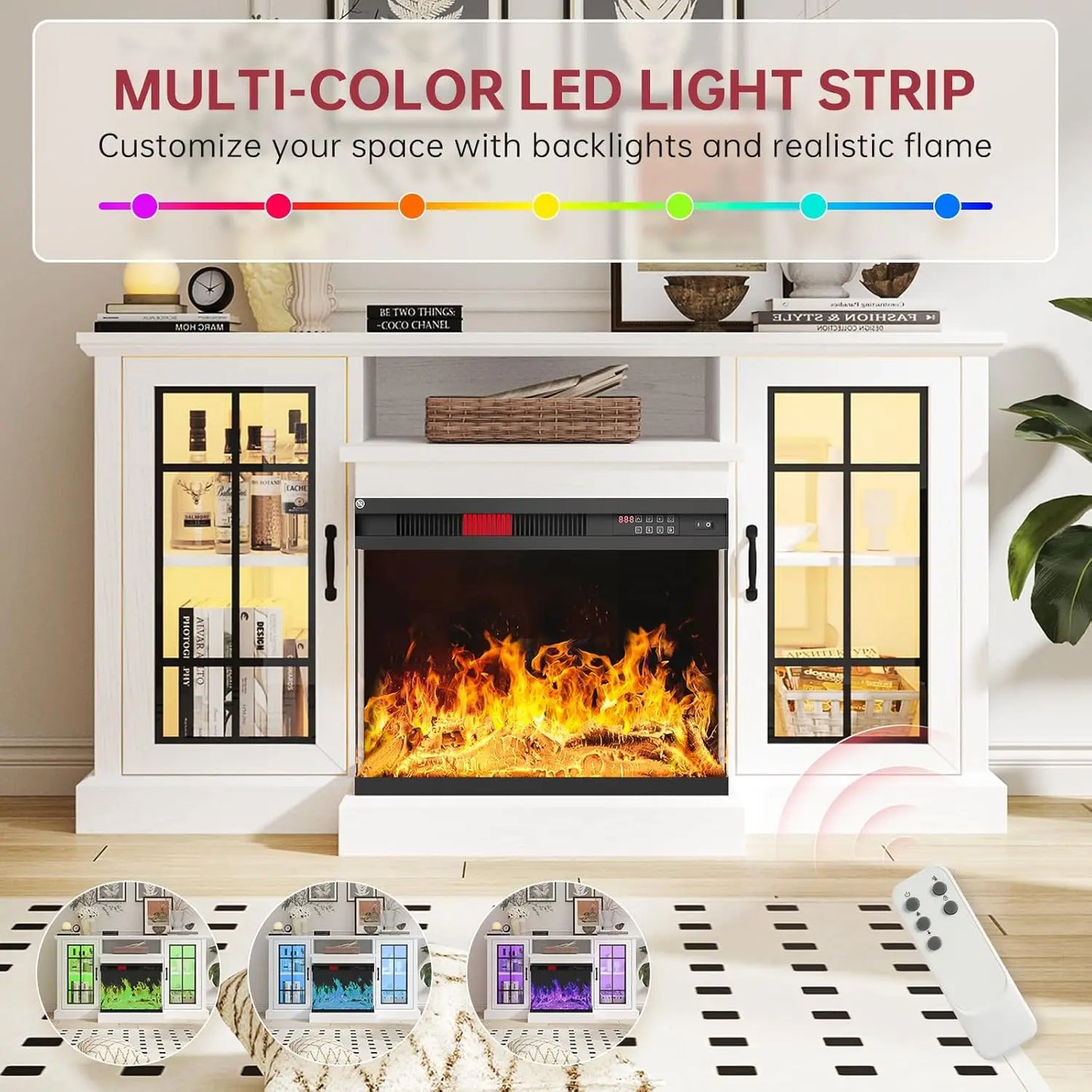 Glass Fireplace TV Stand w/ 3-Sided View - Holds 65" TVs