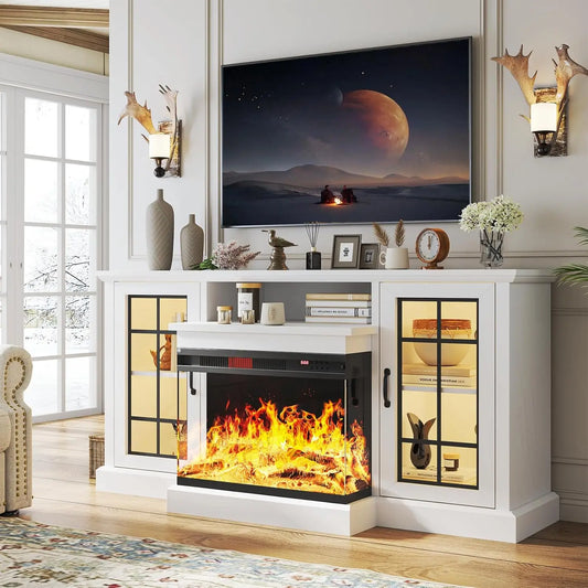 Glass Fireplace TV Stand w/ 3-Sided View - Holds 65" TVs