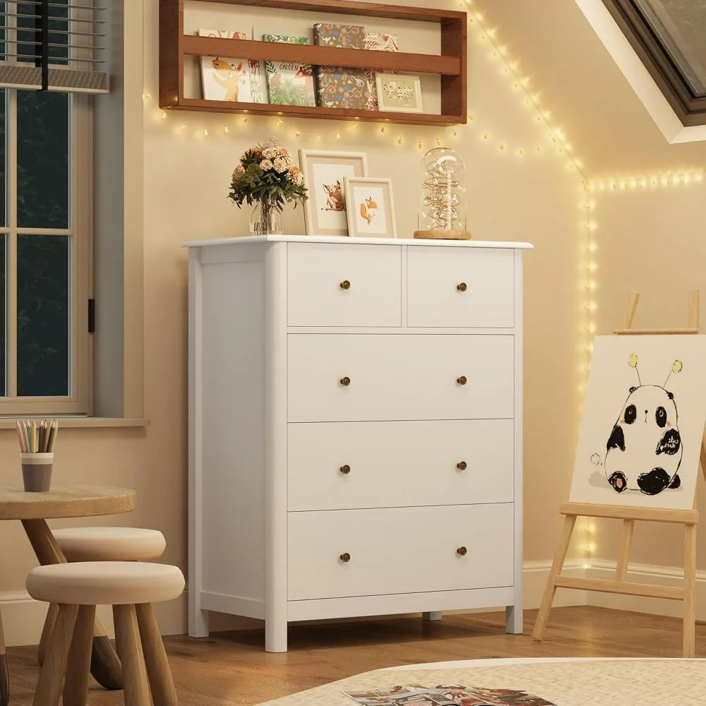 White Dresser with 5 Drawers, Tall Chest
