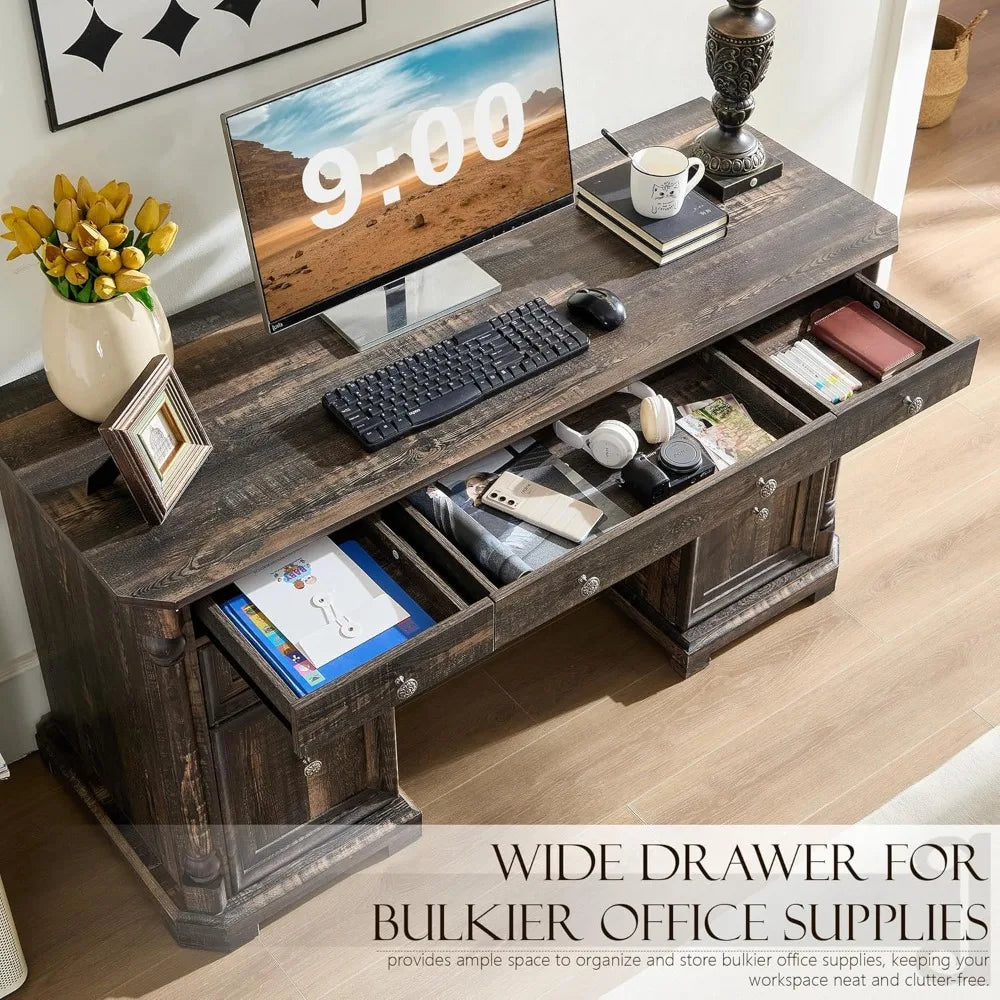 7 Drawers - Farmhouse Home Office Desk with Storage & Power Outlet
