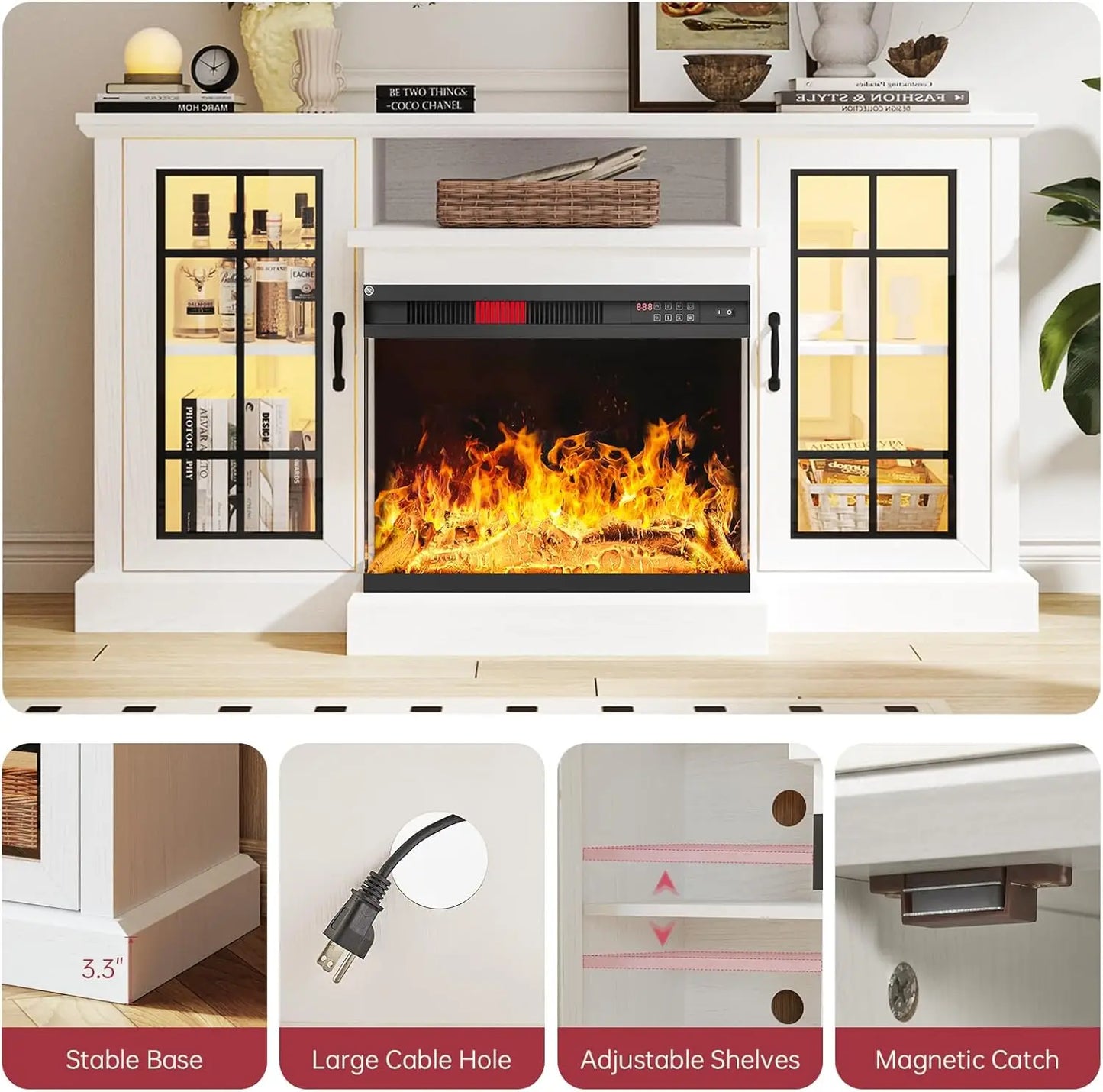 Glass Fireplace TV Stand w/ 3-Sided View - Holds 65" TVs