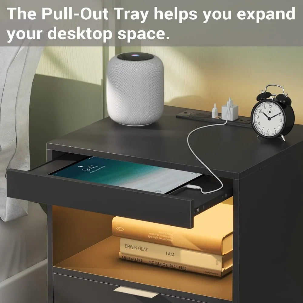 Black Nightstand LED with Wireless Charging Station