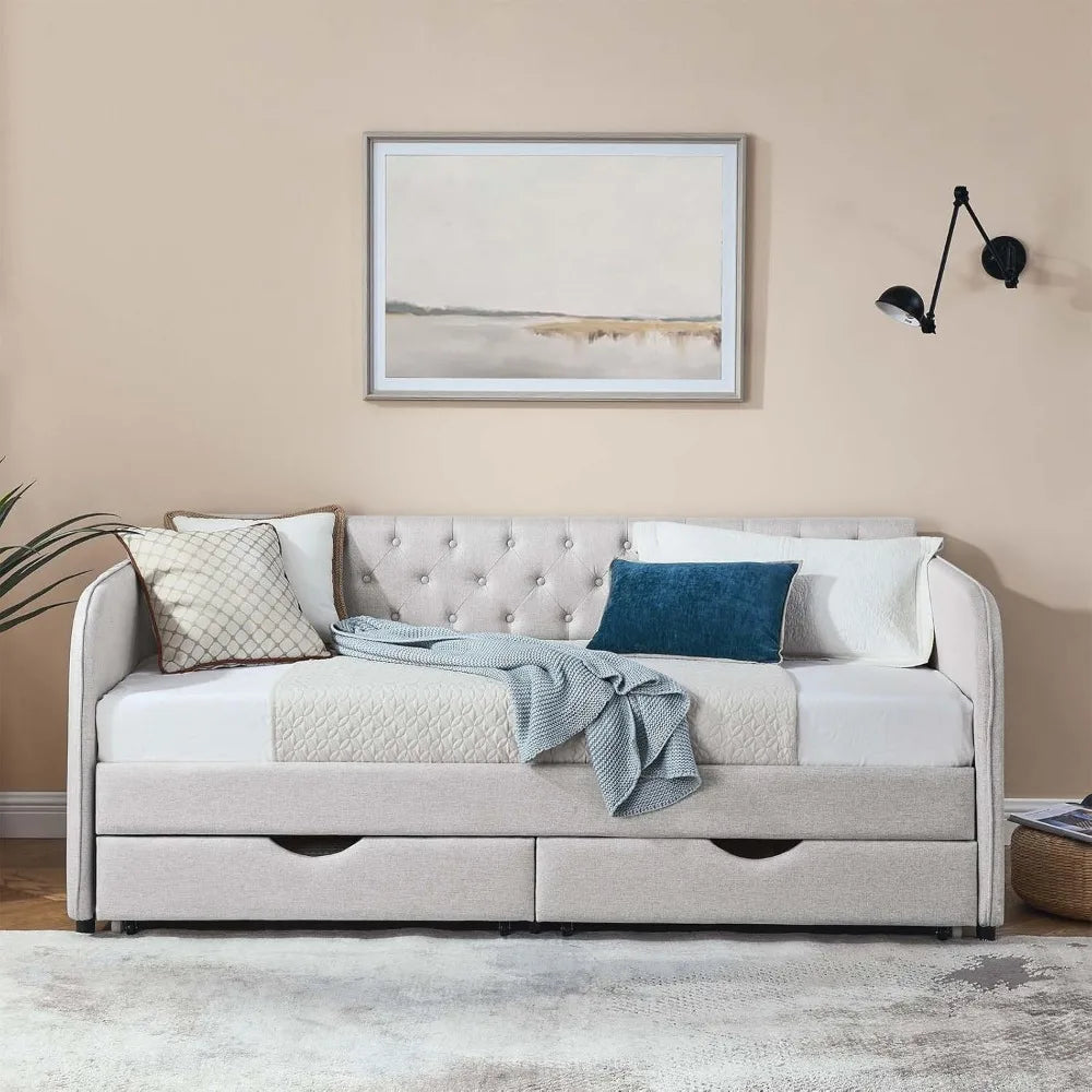 Modern Button Tufted Linen, Daybed with Drawer