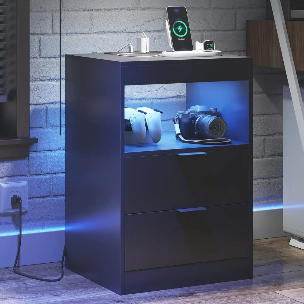 Black Nightstand LED with Wireless Charging Station