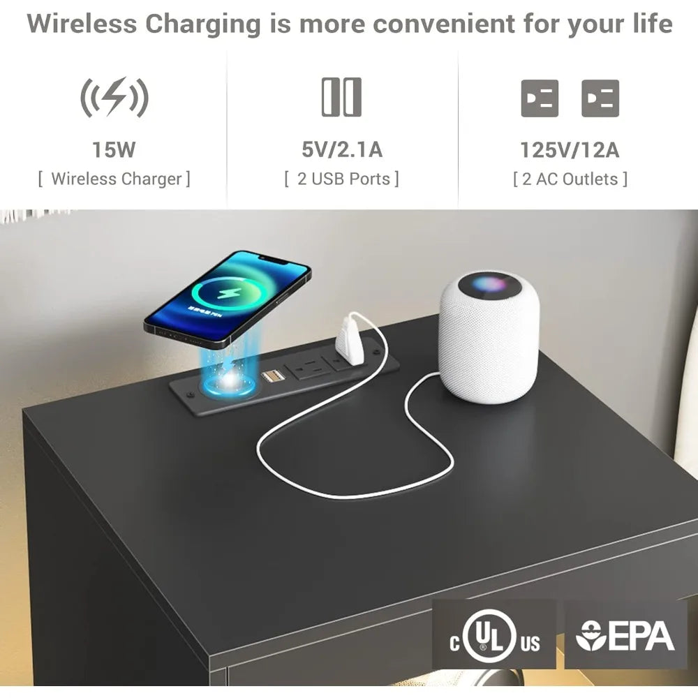 Black Nightstand LED with Wireless Charging Station