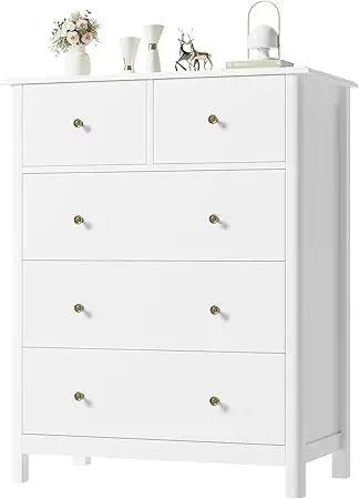 White Dresser with 5 Drawers, Tall Chest