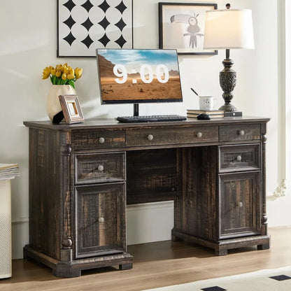 7 Drawers - Farmhouse Home Office Desk with Storage & Power Outlet