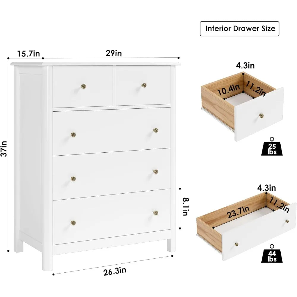 White Dresser with 5 Drawers, Tall Chest