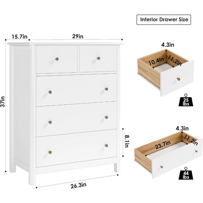 White Dresser with 5 Drawers, Tall Chest