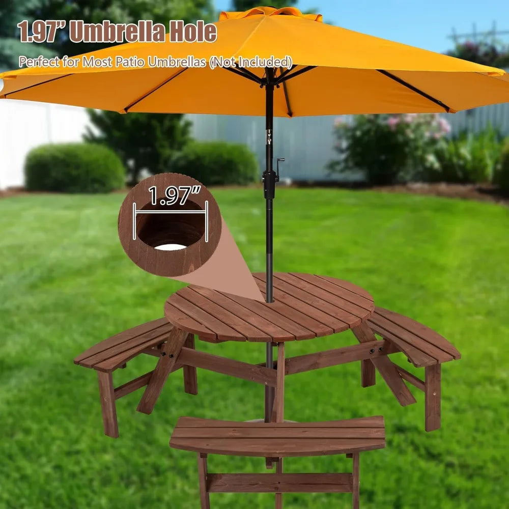 6-Person Outdoor Circular Wooden Picnic Table